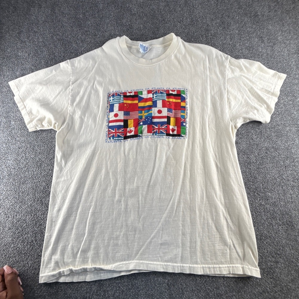 Vintage Hanes Beefy-T Atlanta GA World Flags Graphic T-Shirt White XL 90s USA